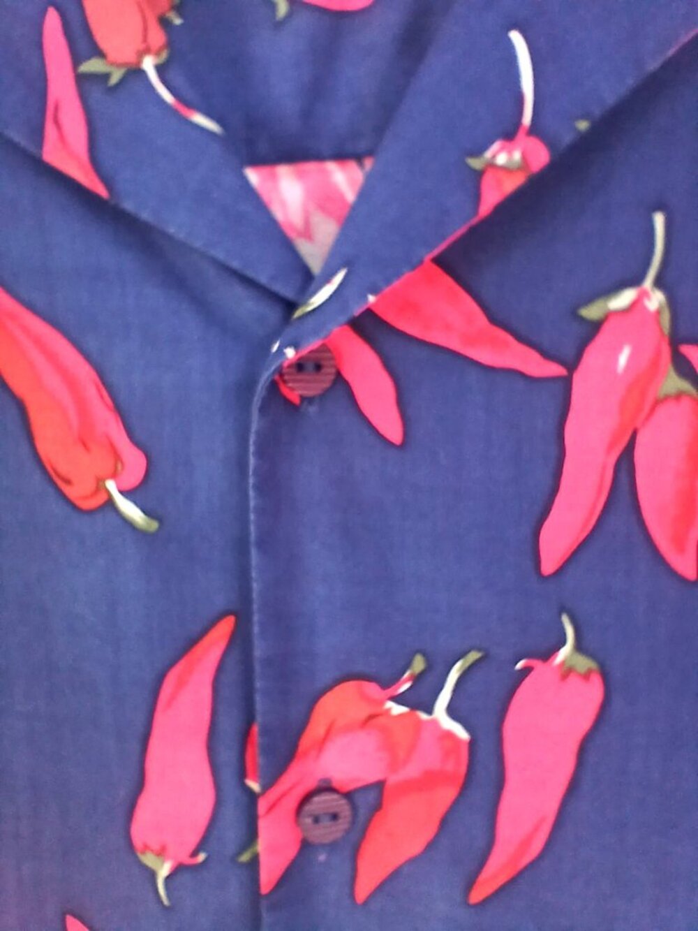 Vintage Joey Richi Mens Silk Chili Pepper Print Button Up Shirt Size L Blue Red - Picture 9 of 14